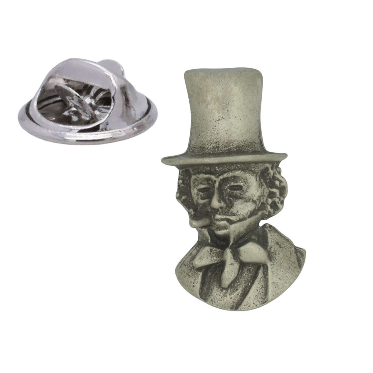 Antique silver-coloured Isambard Kingdom Brunel portrait lapel pin with top hat and butterfly clasp