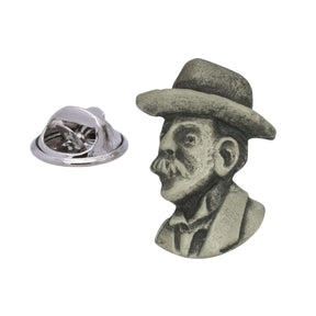 Antique silver coloured Thomas Hardy portrait lapel pin with bowler hat and butterfly clasp