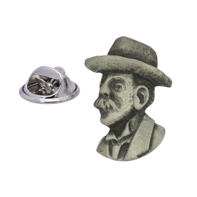 Antique silver coloured Thomas Hardy portrait lapel pin with bowler hat and butterfly clasp