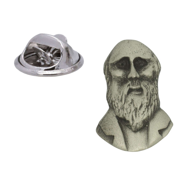 Antique silver-coloured Charles Darwin portrait lapel pin badge with long beard and butterfly clasp