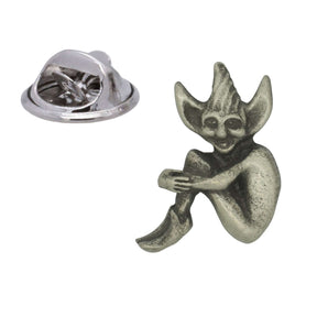 Antique silver-coloured Cornish piskie pixie lapel pin with pointed ears and butterfly clasp