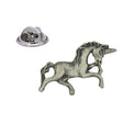 Antique silver coloured running unicorn lapel pin badge with butterfly clasp