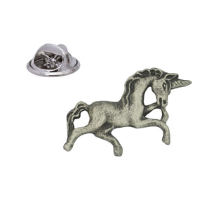 Antique silver coloured running unicorn lapel pin badge with butterfly clasp