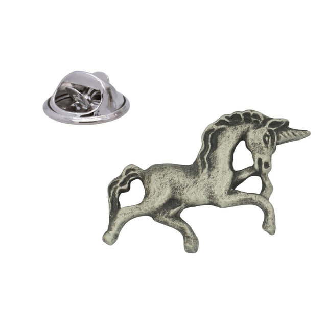 Antique silver coloured running unicorn lapel pin badge with butterfly clasp