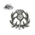 Antique silver coloured Scottish thistle lapel pin badge with ornate leaves and butterfly clasp