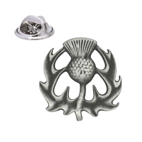Antique silver coloured Scottish thistle lapel pin badge with ornate leaves and butterfly clasp