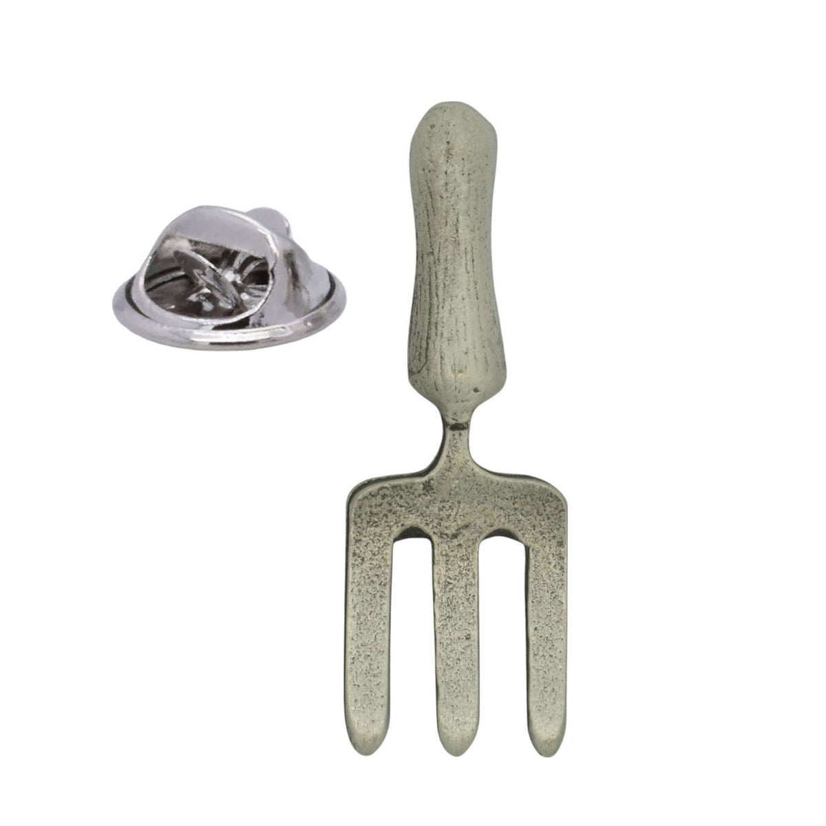 Antique silver coloured three-pronged garden fork lapel pin badge with butterfly clasp