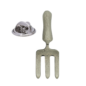 Antique silver coloured three-pronged garden fork lapel pin badge with butterfly clasp