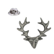 Antique silver-coloured stag head with branching antlers lapel pin badge and butterfly clasp