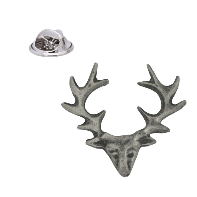 Antique silver-coloured stag head with branching antlers lapel pin badge and butterfly clasp