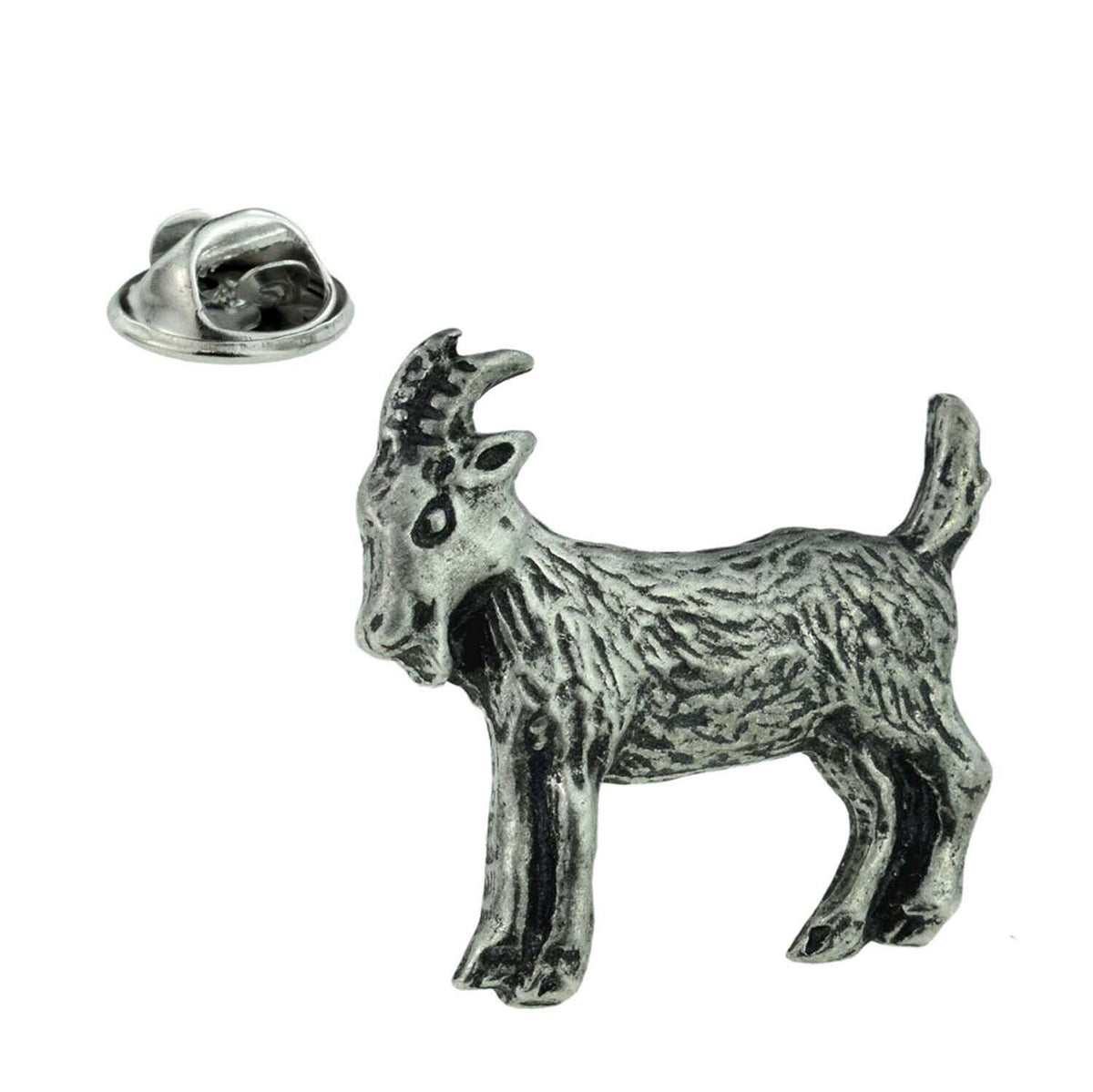 Antique silver-coloured goat pewter lapel pin with horns, textured coat and butterfly clasp