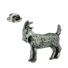 Antique silver-coloured goat pewter lapel pin with horns, textured coat and butterfly clasp