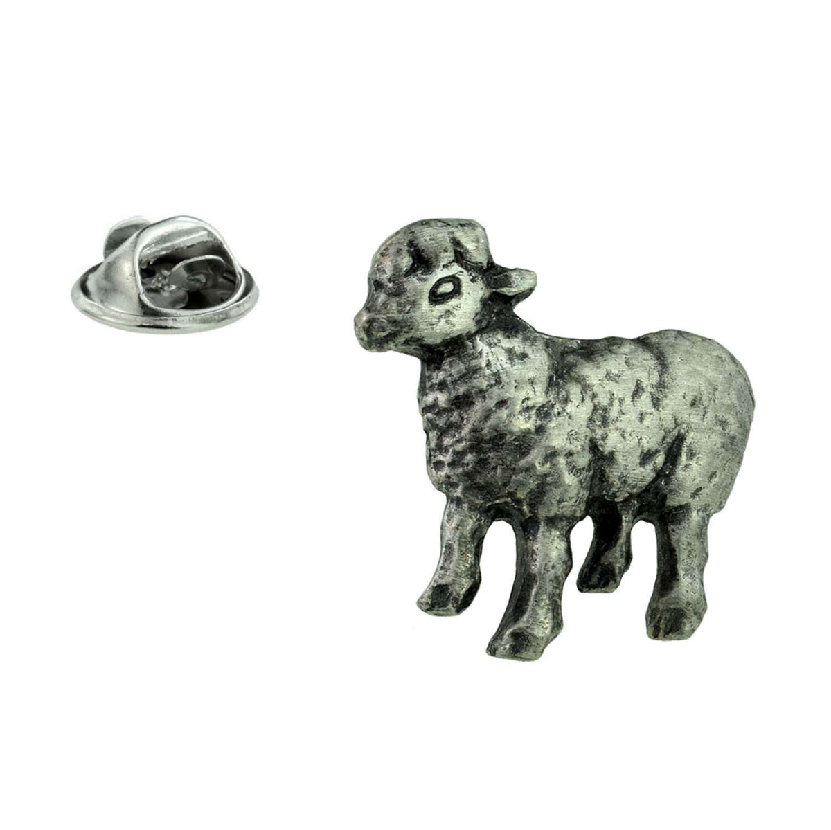 Antique silver-coloured sheep pewter lapel pin badge with textured fleece and butterfly clasp