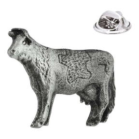Antique silver coloured cow pewter lapel pin with detailed coat and butterfly clasp