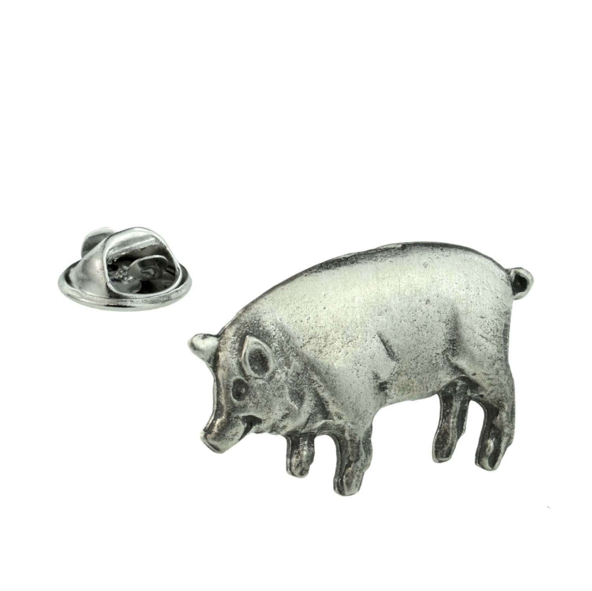 Antique silver finish pewter pig lapel pin badge with butterfly clasp