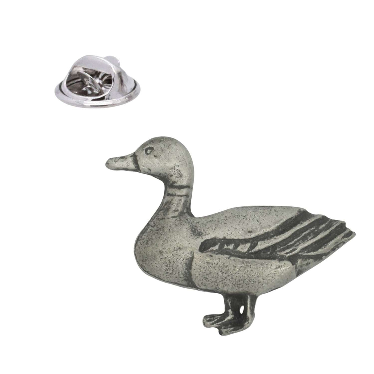 Pewter duck lapel pin badge with antique silver finish and butterfly clasp