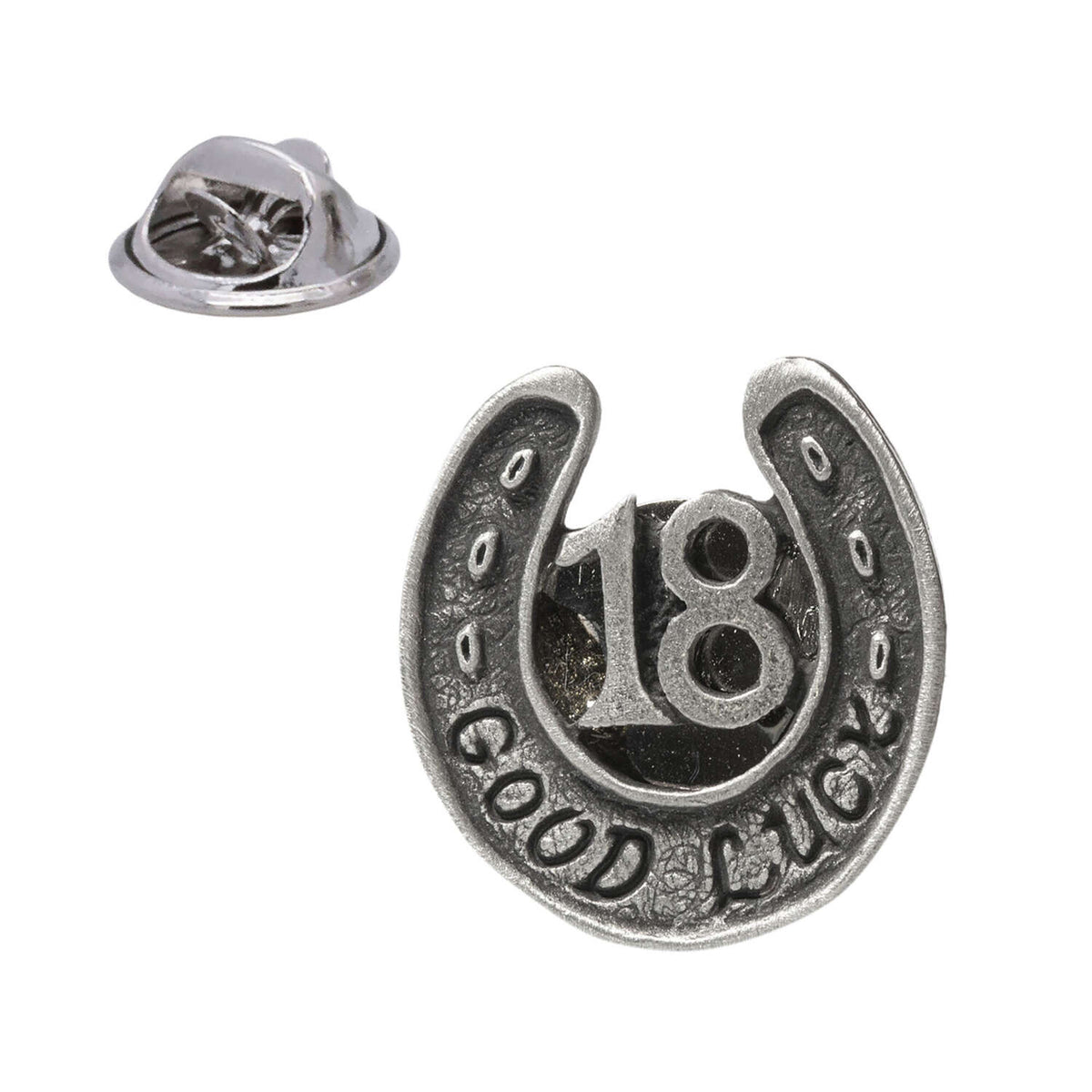 Good Luck 18 horseshoe pewter lapel pin badge with butterfly clasp