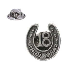 Good Luck 18 horseshoe pewter lapel pin badge with butterfly clasp