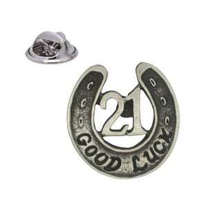 21st birthday good luck horseshoe pewter lapel pin badge with butterfly clasp