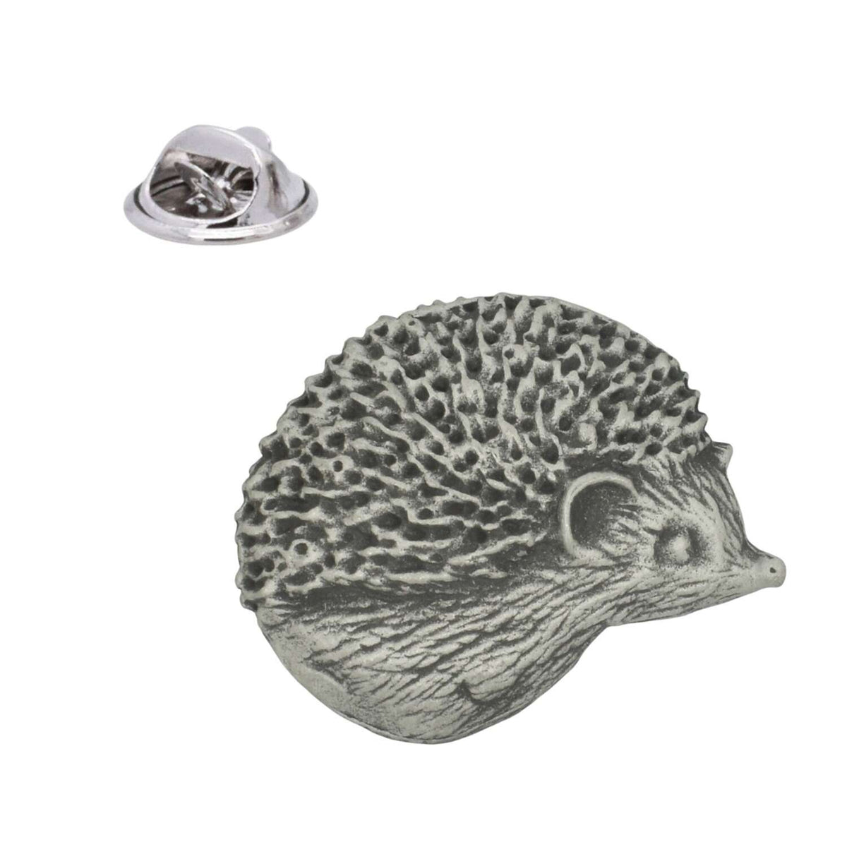 Antique silver finish hedgehog pewter lapel pin badge with textured spines and butterfly clasp