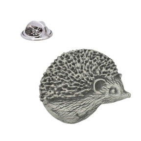 Antique silver finish hedgehog pewter lapel pin badge with textured spines and butterfly clasp