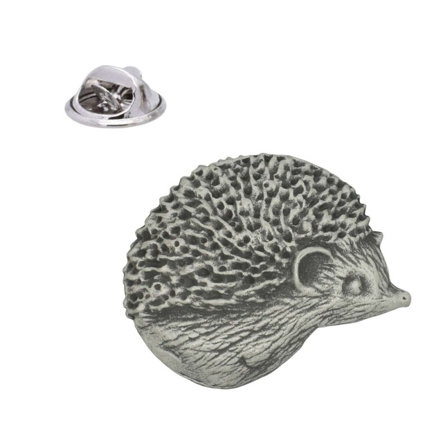 Antique silver finish hedgehog pewter lapel pin badge with textured spines and butterfly clasp