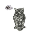 Antique silver pewter owl lapel pin badge with detailed feathers and butterfly clasp