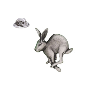 Running hare pewter lapel pin badge antique silver finish with butterfly clutch