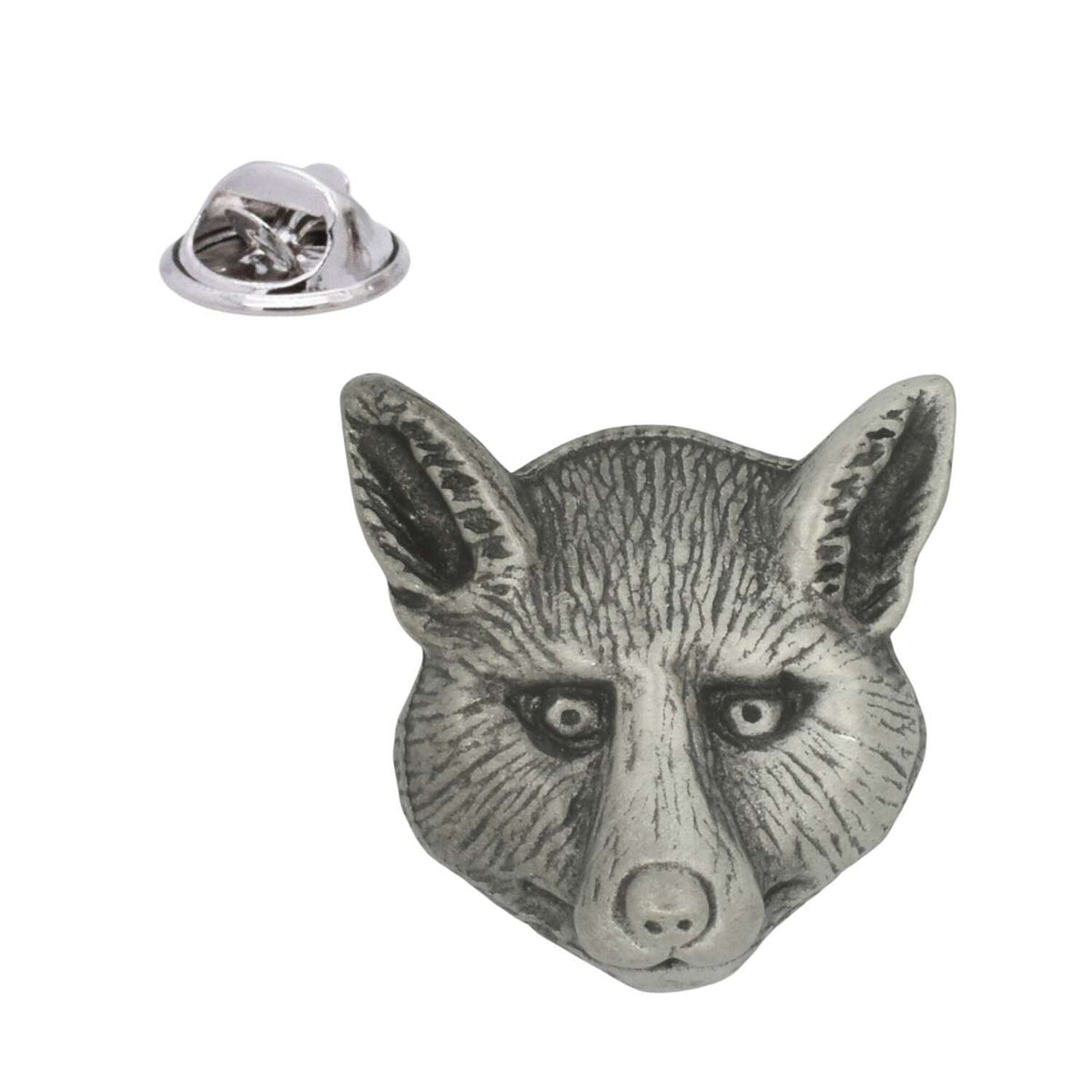 Fox head pewter lapel pin badge with detailed ears and fur, antique silver finish and butterfly clasp