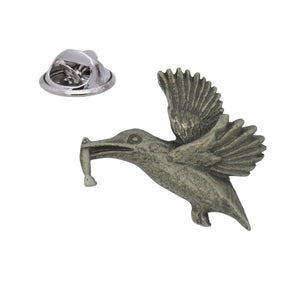 Pewter kingfisher bird in flight holding a fish, antique silver finish, with butterfly clasp