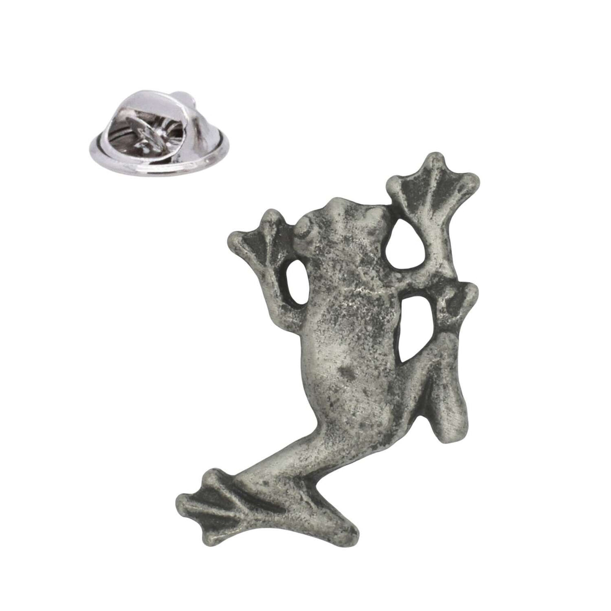 Tree frog pewter lapel pin badge in antique silver finish with butterfly clasp