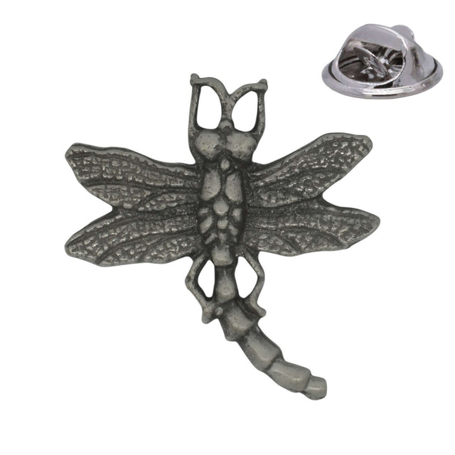 Dragonfly pewter lapel pin badge with four detailed wings and butterfly clasp