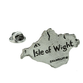 Isle of Wight shaped pewter lapel pin badge with island outline, Isle of Wight lettering and butterfly clasp
