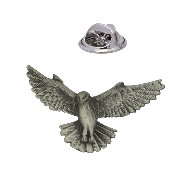 Kestrel falcon in flight pewter lapel pin with spread wings and fanned tail, butterfly clasp
