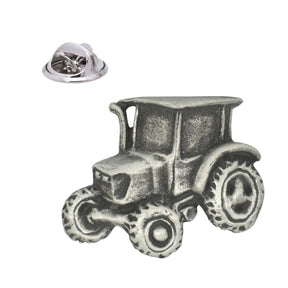 Vintage farm tractor pewter lapel pin badge in antique silver finish with butterfly clasp