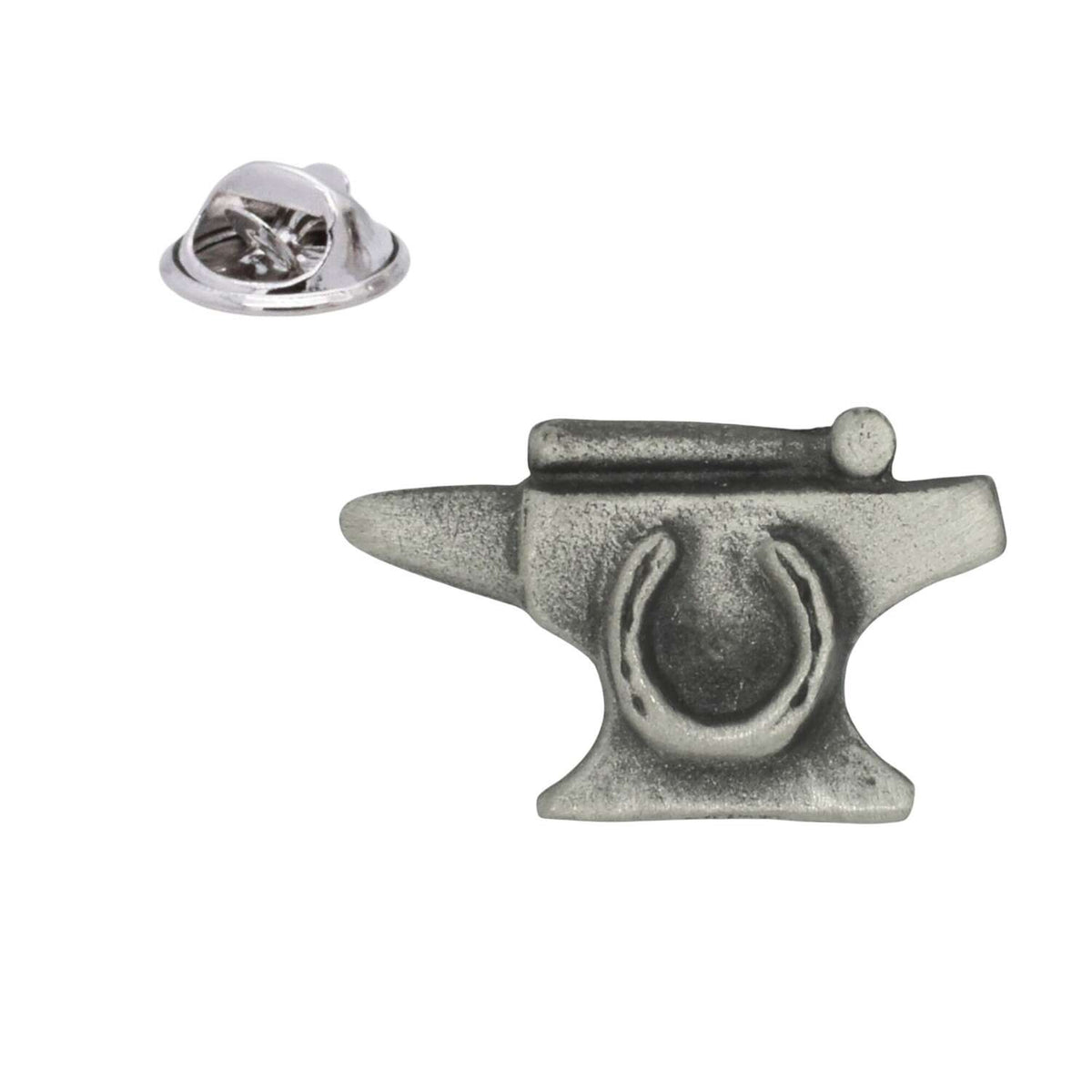 Pewter blacksmith anvil lapel pin badge with horseshoe design and butterfly clasp