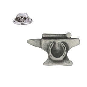 Pewter blacksmith anvil lapel pin badge with horseshoe design and butterfly clasp