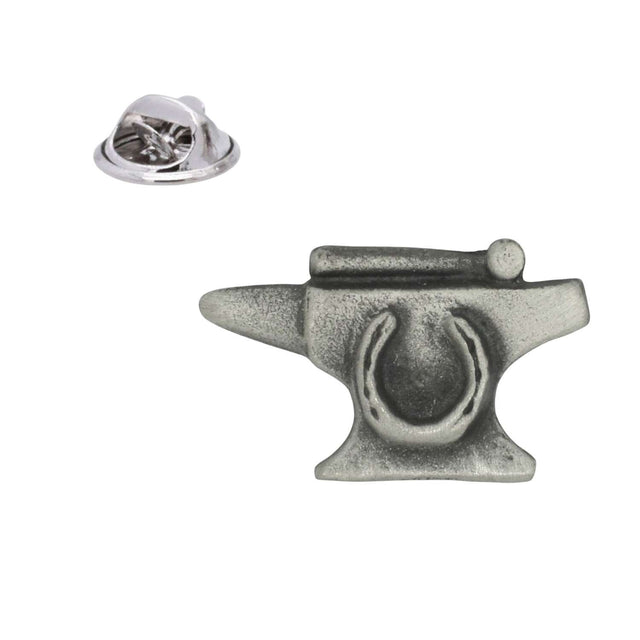 Pewter blacksmith anvil lapel pin badge with horseshoe design and butterfly clasp