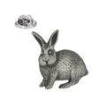 Sitting rabbit pewter lapel pin badge with long ears and textured fur, antique silver finish and butterfly clasp