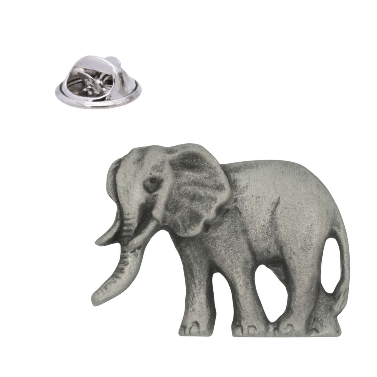 Elephant pewter lapel pin badge with trunk, tusks and butterfly clasp, antique silver finish
