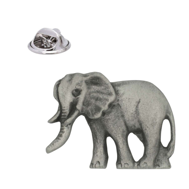Elephant pewter lapel pin badge with trunk, tusks and butterfly clasp, antique silver finish
