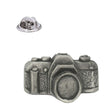 Vintage style camera pewter lapel pin badge with detailed lens and butterfly clasp