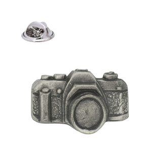 Vintage style camera pewter lapel pin badge with detailed lens and butterfly clasp