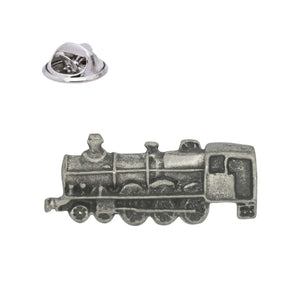 Vintage steam locomotive pewter lapel pin badge with detailed wheels chimney and butterfly clasp