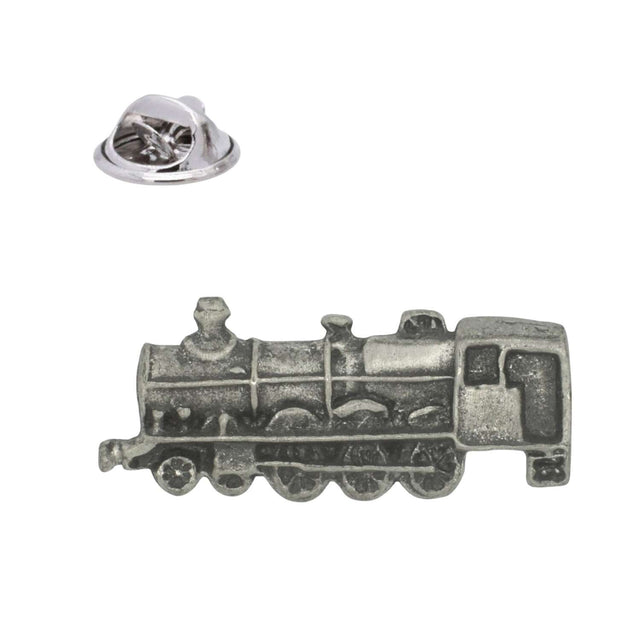 Vintage steam locomotive pewter lapel pin badge with detailed wheels chimney and butterfly clasp
