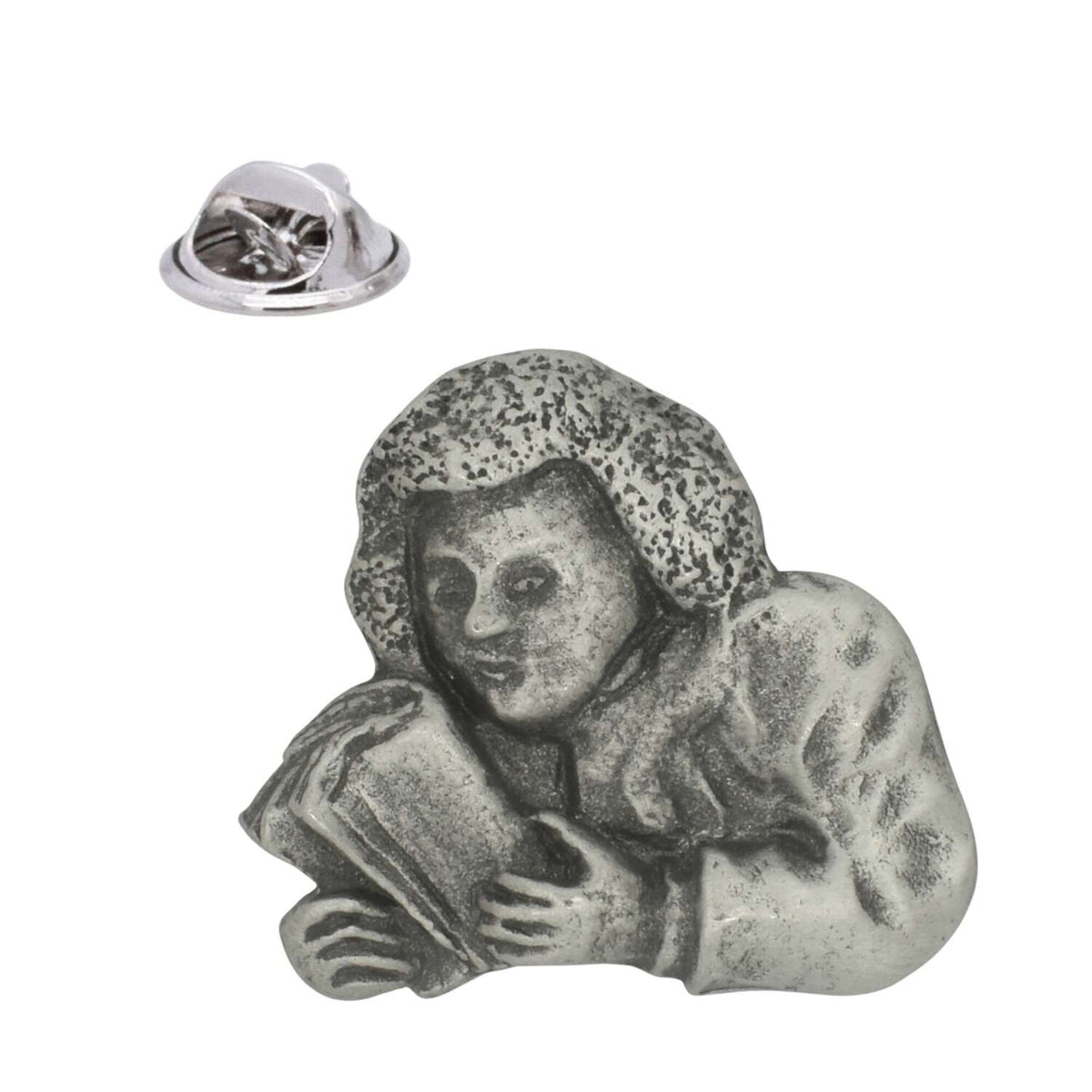 Samuel Johnson portrait pewter lapel pin badge depicting the writer holding an open book, with butterfly clasp