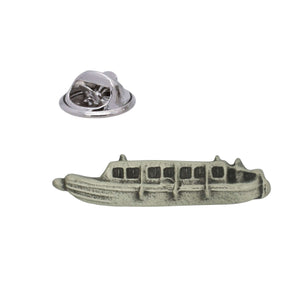 Traditional canal narrowboat pewter lapel pin badge with cabin windows and butterfly clasp