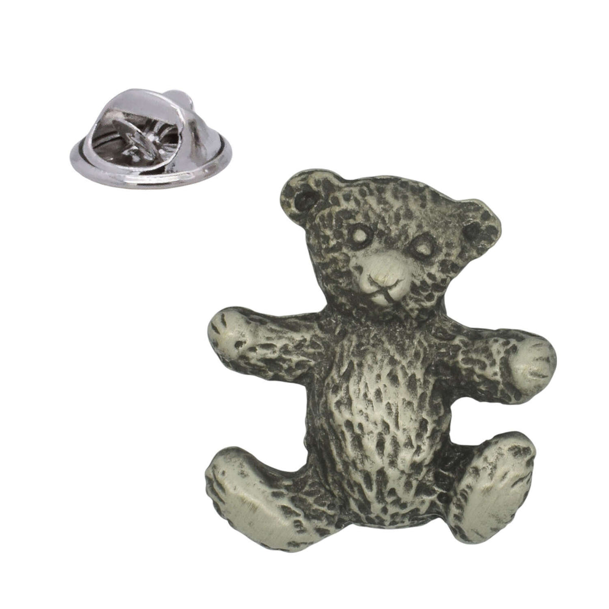 Sitting teddy bear pewter lapel pin badge with textured fur, outstretched arms and butterfly clasp