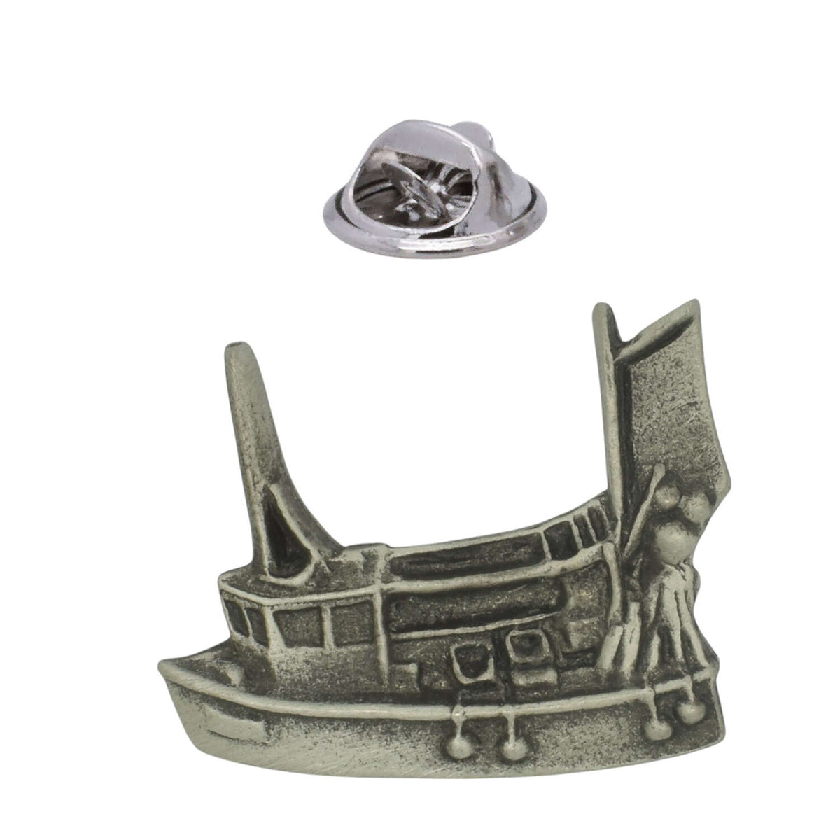 Traditional fishing trawler pewter lapel pin badge with fishing boat rigging and butterfly clasp