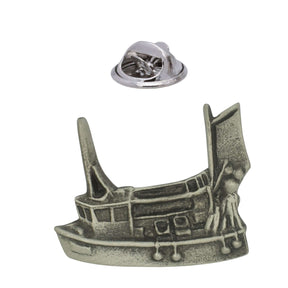 Traditional fishing trawler pewter lapel pin badge with fishing boat rigging and butterfly clasp